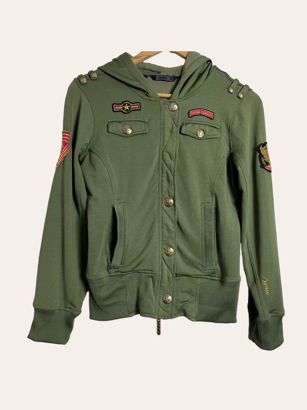 COOGI Army Green Military Patch Hooded Jacket Size L